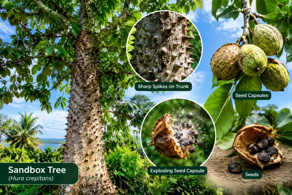 Hydroponic Garden Sandbox Tree (Hura crepitans) with sharp trunk spikes and exploding seed capsules in a tropical environment