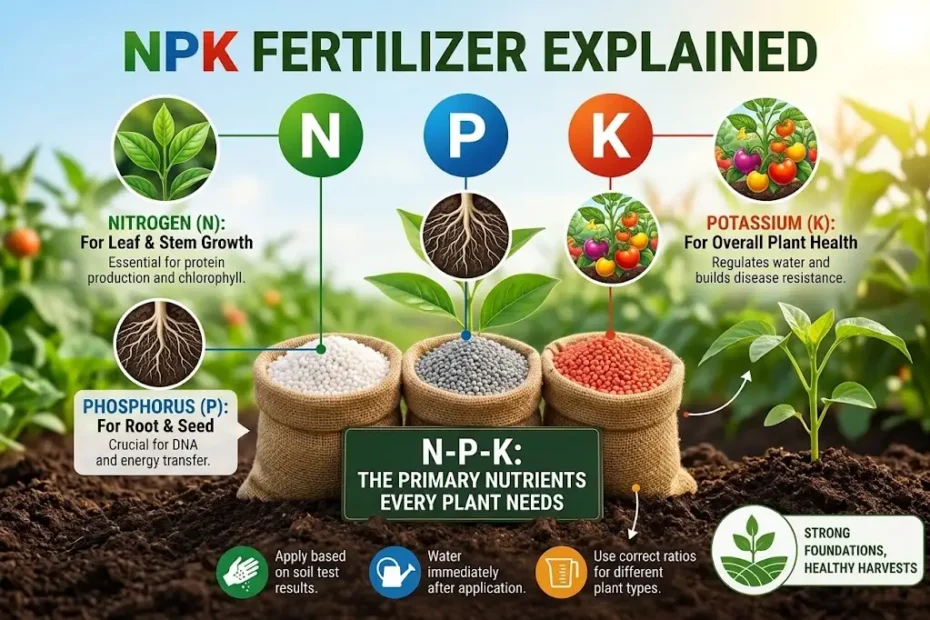 Hydroponic Garden Infographic explaining NPK fertilizer macronutrients for plants, showing Nitrogen (N) for leaf growth, Phosphorus (P) for root development, and Potassium (K) for overall plant health.