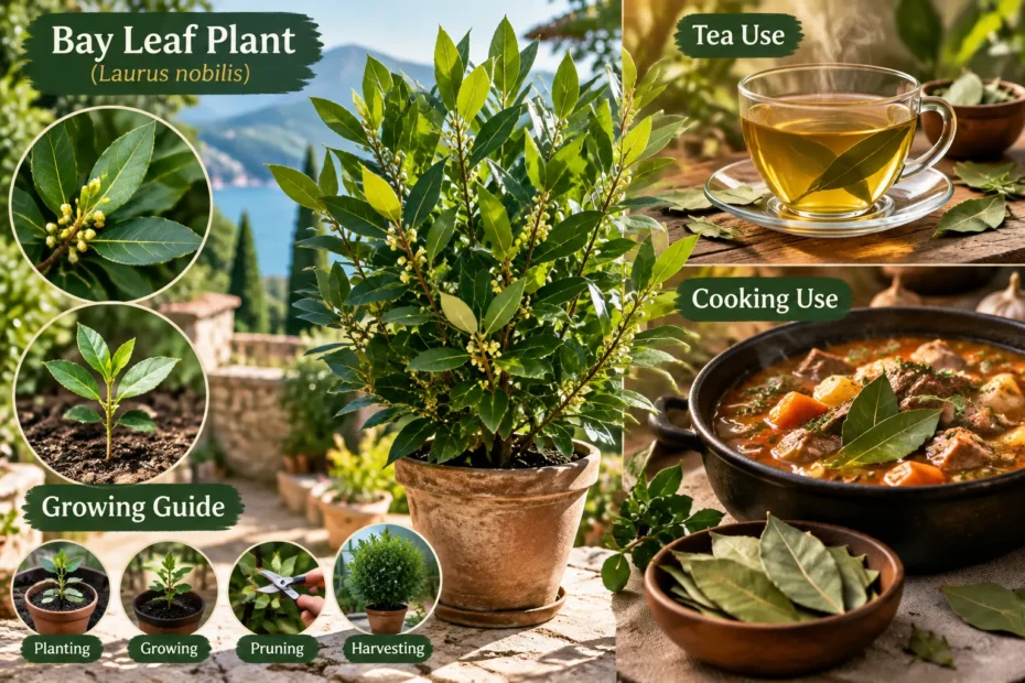 Hydroponic Garden Fresh bay leaf plant (Laurus nobilis) with glossy green leaves, used in cooking and medicine