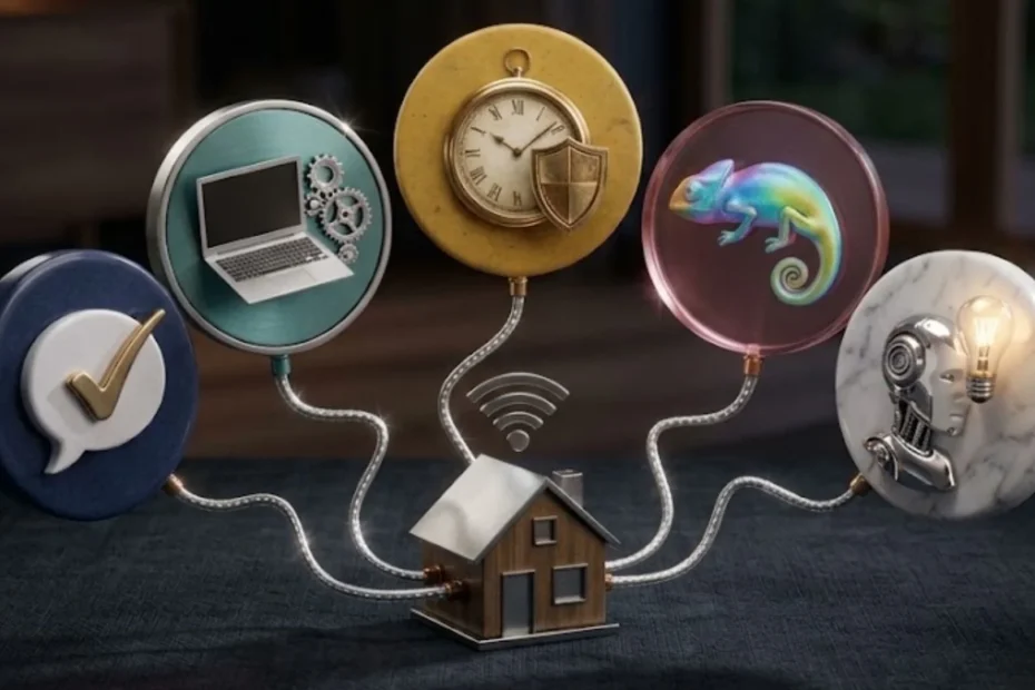 Hydroponic Garden 3D smart home automation central hub connected to five round icons representing security, productivity, time management, adaptability, and AI innovation in a dark room background.