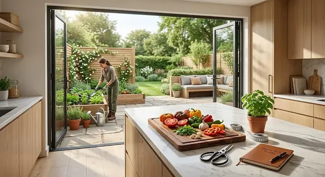Woman harvesting fresh vegetables from a home garden