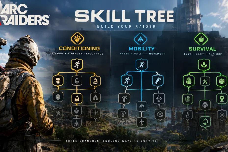 Hydroponic Garden ARC Raiders skill tree guide showing Conditioning, Mobility, and Survival skill branches in a cinematic sci-fi game setting.