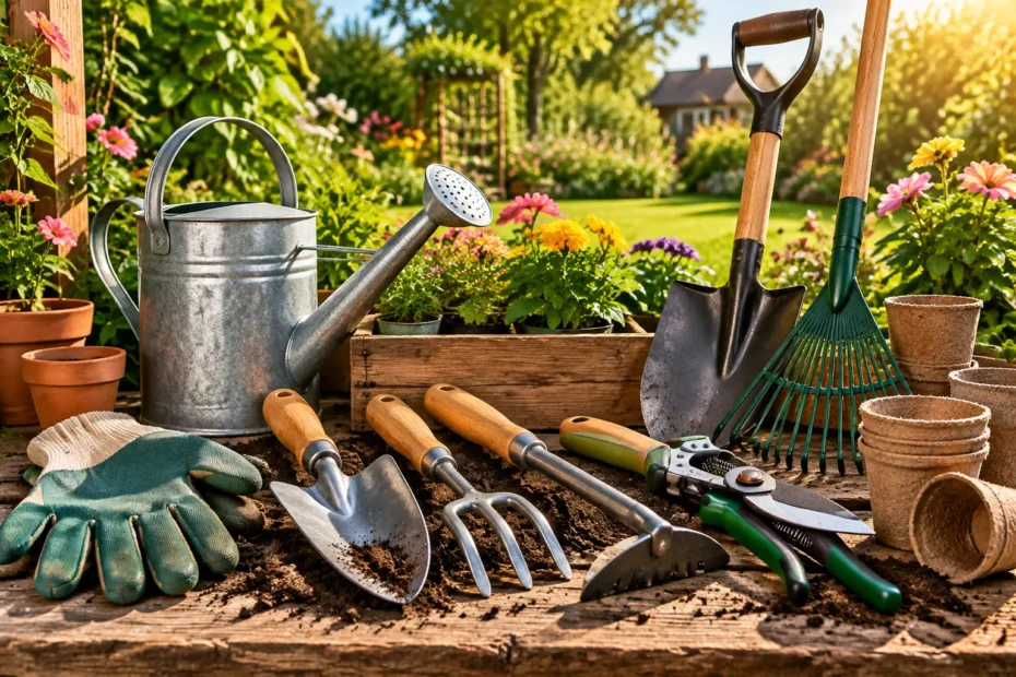 Hydroponic Garden Essential gardening tools including a watering can, hand trowel, pruning shears, garden fork, gloves, and spade.