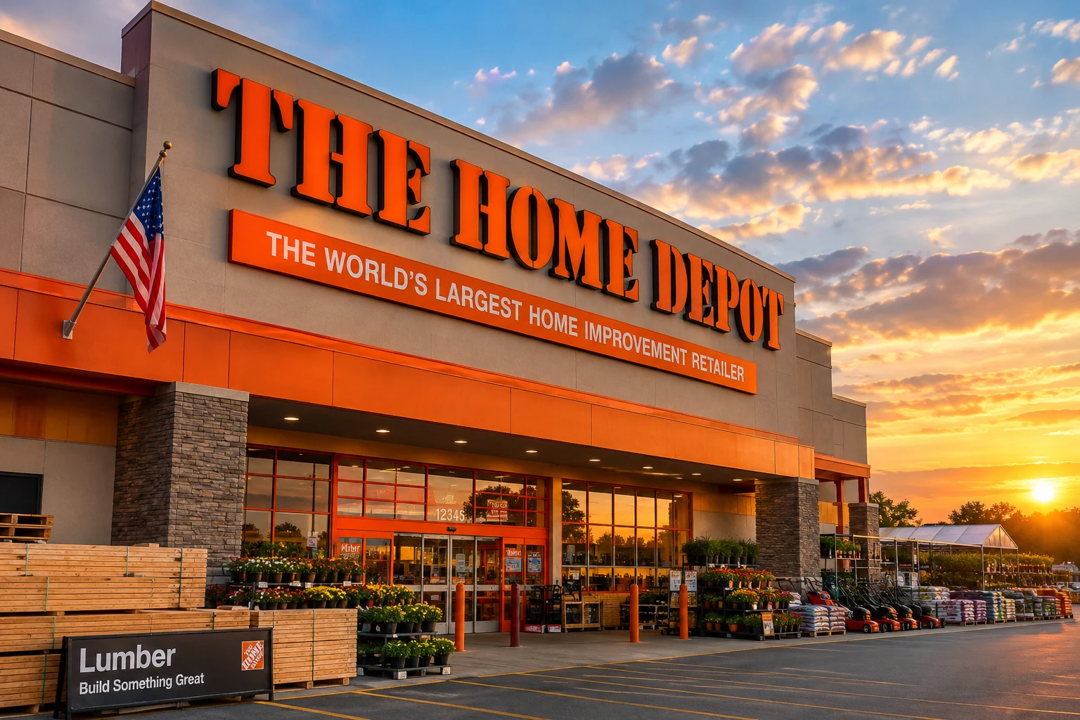 Home Depot store exterior with orange signage and warehouse-style entrance