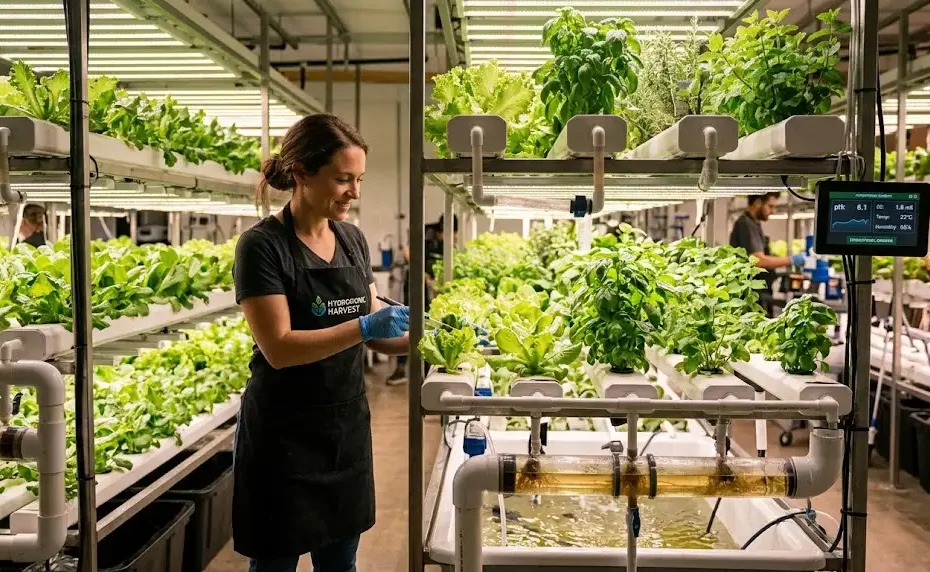 Hydroponic Garden Modern indoor hydroponic garden system growing fresh lettuce and basil using nutrient-rich water channels without soil.